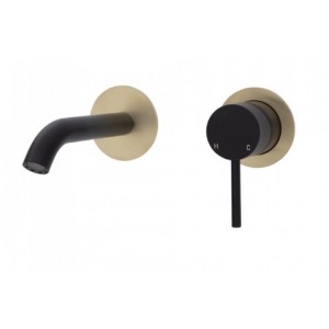Kaya Wall Basin/Bath Mixer Set, Matte Black, Urban Brass Round Plates, 160mm Outlet